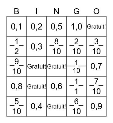 Bingo des fractions et décimaux Bingo Card