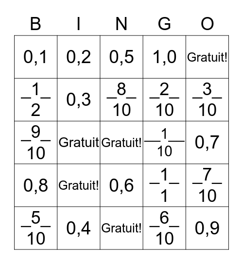 Bingo des fractions et décimaux Bingo Card