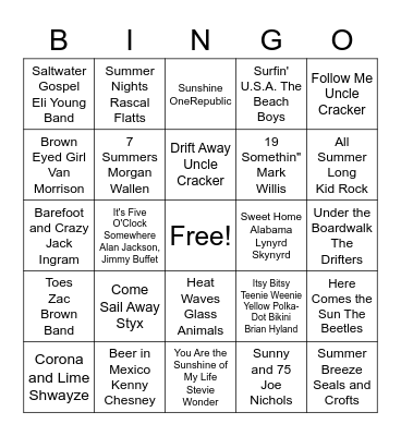 Summer Music Bingo Card