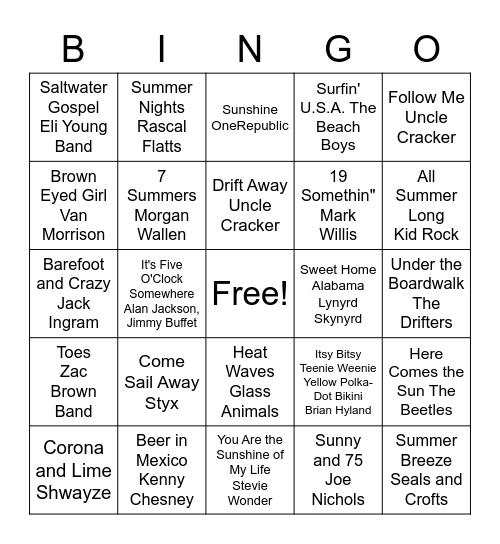 Summer Music Bingo Card