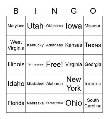 U.S. States Bingo Card