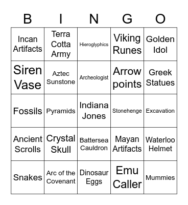 Relic Hunter Bingo Card