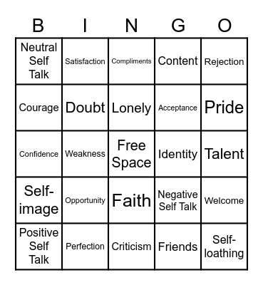 Self Esteem Bingo Card