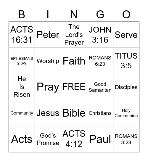 Sunday School Bible Bingo Card
