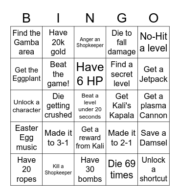 Spelunky HD scuffed bingo Card