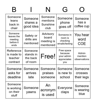 When you hear someone or see someone do what is in the square mark who and/or what and then put an X in the square. When you have a 5 in row up, down or diagonal, shout out!. Bingo Card