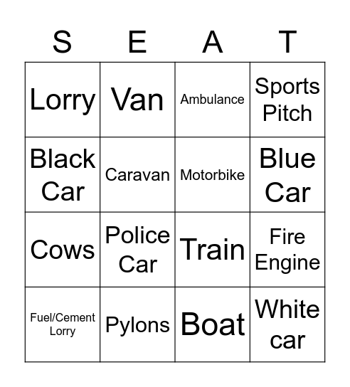 Backseat Bingo Card