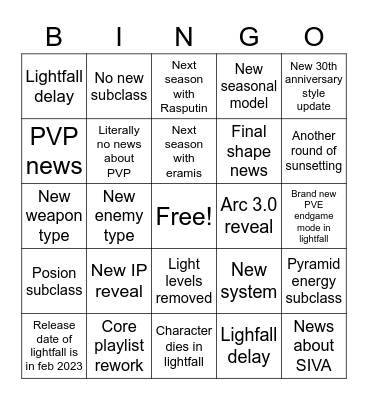Lightfall reveal bingo card Bingo Card