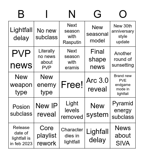 Lightfall reveal bingo card Bingo Card