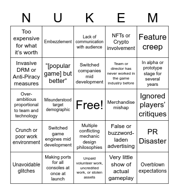 Video Game Flop Bingo Card