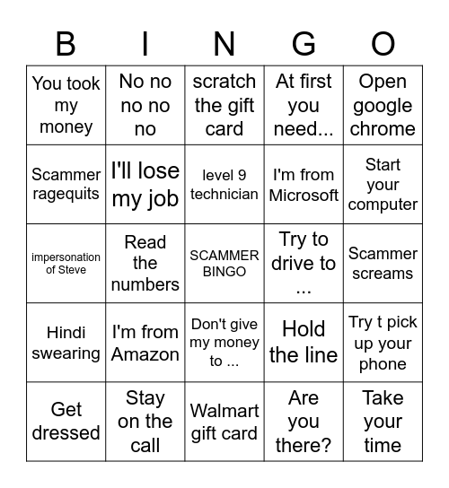 Scammer Bingo Card