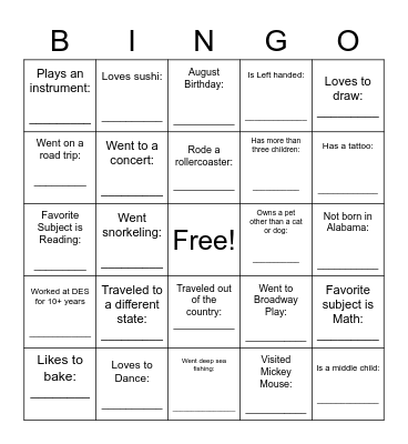 Back to School Bingo Card