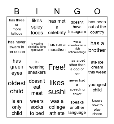 Get To Know You Bingo Card