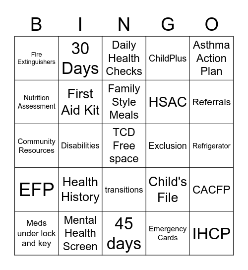 Head Start Bingo Card