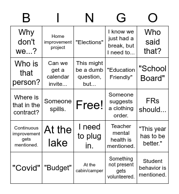 Exec Board Bingo Card