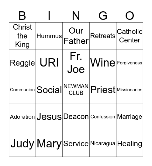 Newman Club Bingo  Bingo Card