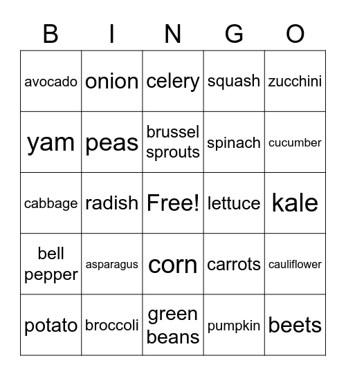 Vegetables Bingo Card