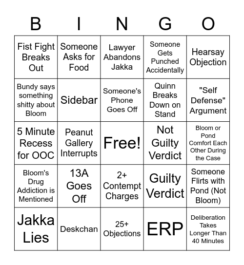 NoPixel WL: The People VS Jakka Romano Court Case Bingo Card