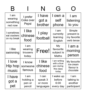 Simple Present/Present Continuous BINGO Questions Bingo Card