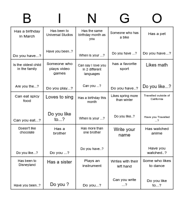 Find Someone who Bingo Card