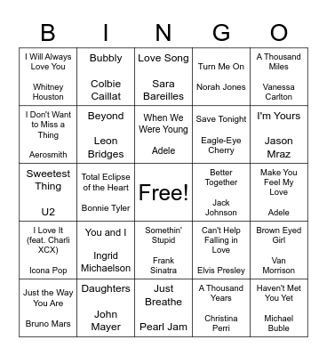 Love and Marriage Song Bingo Card