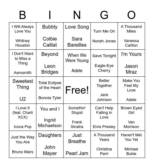 Love and Marriage Song Bingo Card