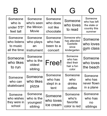 JHM Summer Camp Get to Know You Bingo Card