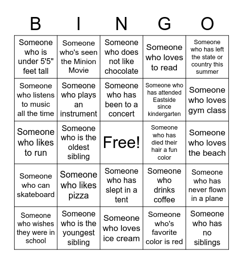 JHM Summer Camp Get to Know You Bingo Card