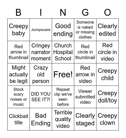 SCARY YOUTUBE VIDEO BINGO Card