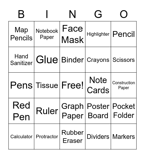 Back To School Bingo Card