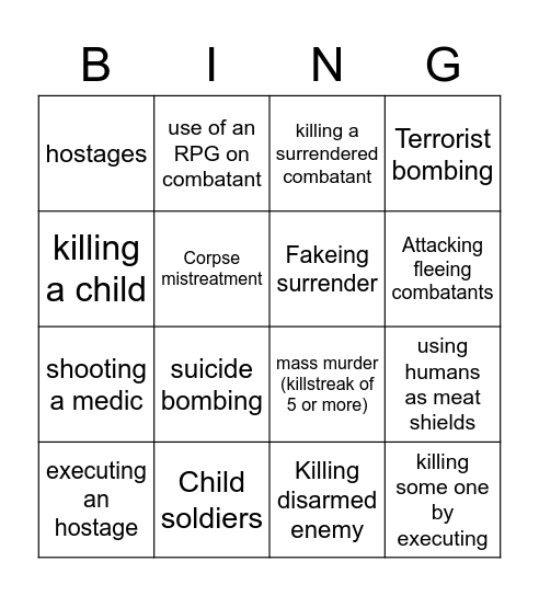 Doable warcrimes Bingo Card