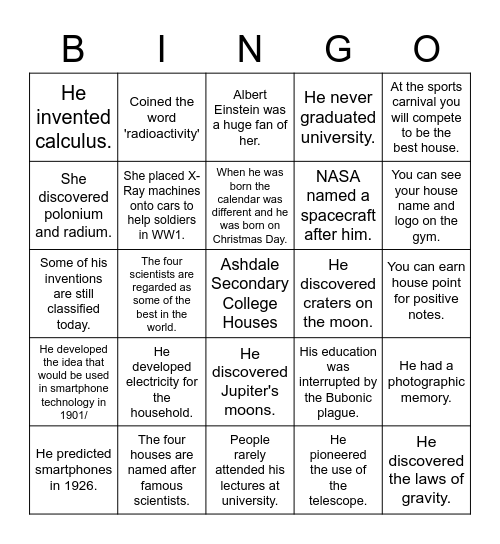 Ashdale Secondary College Houses Bingo Card