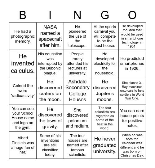 Ashdale Secondary College Houses Bingo Card