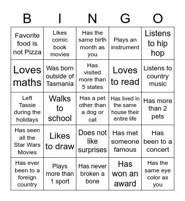 Middle School Bingo Card
