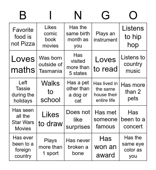 Middle School Bingo Card