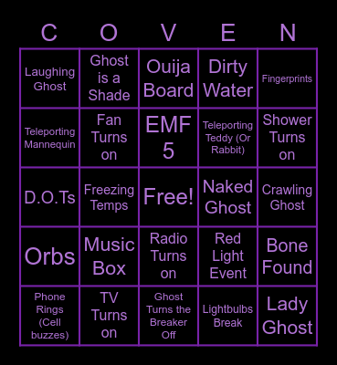 Phasmophobia Bingo Card