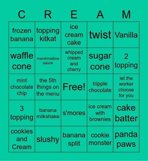 Ice CREAM Bingo Card