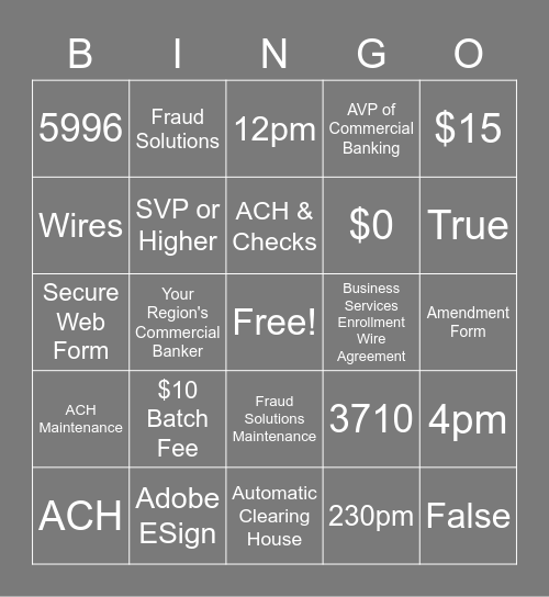 Commercial Banking Bingo Card