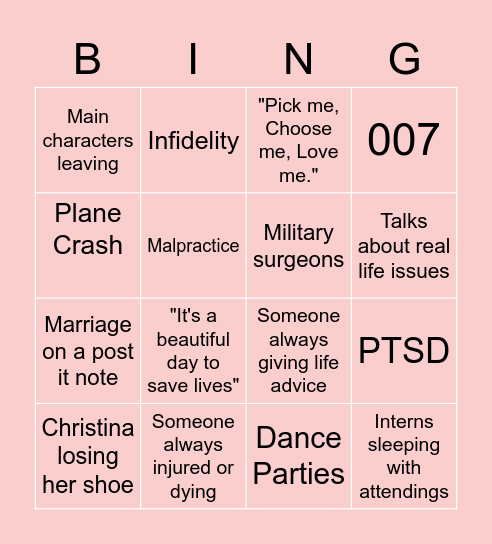 Grey's Anatomy Bingo Card