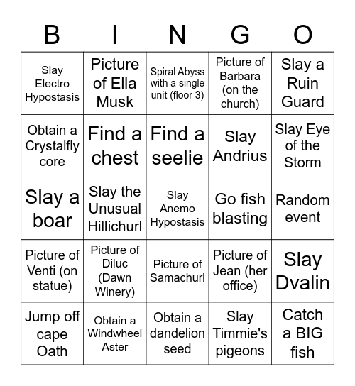 Genshin Bingo Card