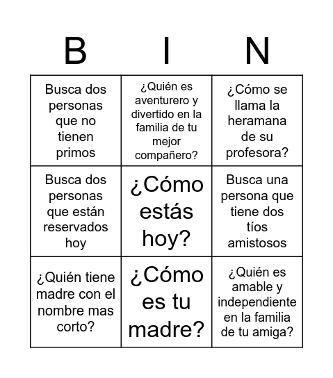 Las familias Bingo Card