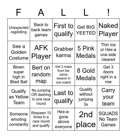 Fall Guys Bingo Card