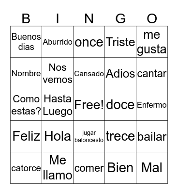 OPPA Spanish Bingo Card