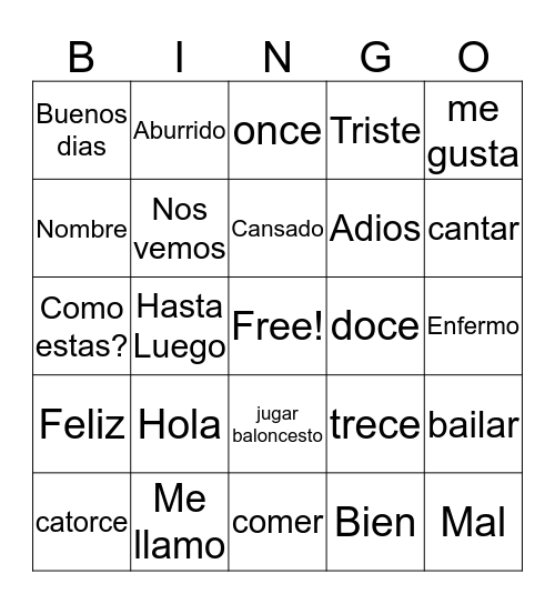 OPPA Spanish Bingo Card