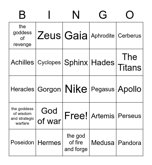 Mythology Bingo Card