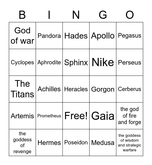 Mythology Bingo Card