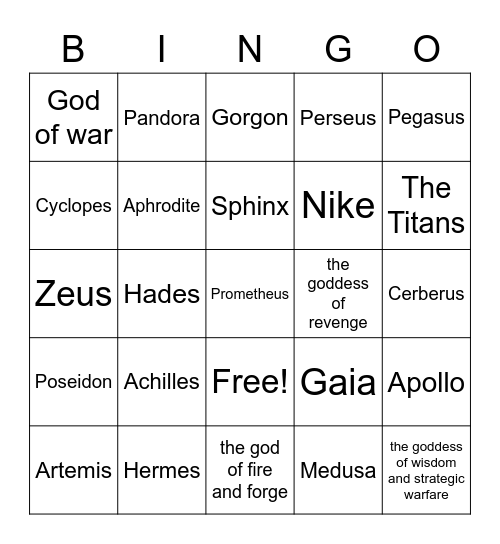 Mythology Bingo Card