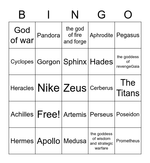 Mythology Bingo Card