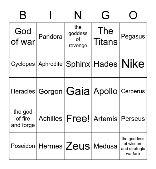 Mythology Bingo Card