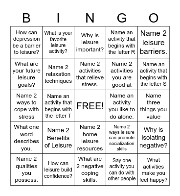 Leisure Bingo Card